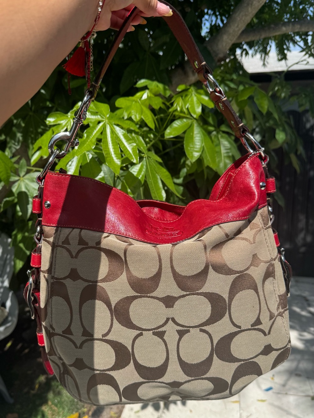Coach Zoe Signature Canvas Hobo with Red Leather Trim